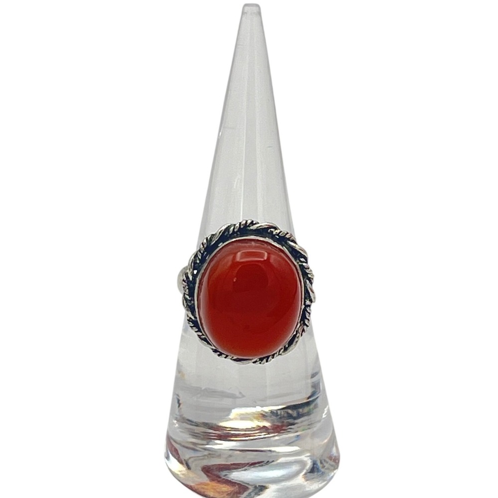 Sterling Silver 925 Red Carnelian Oval Cabochon Rope Border Ring‎ Size 6.25